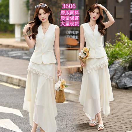 BY15369# 轻熟风V领无袖蕾丝拼接套装女显瘦气质两件套半身裙服裝批發女裝批發服飾貨源