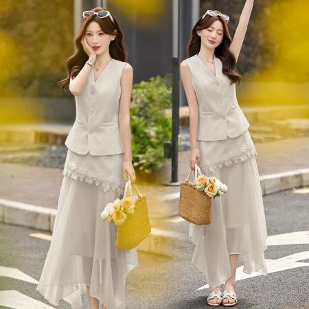 BY15369# 轻熟风V领无袖蕾丝拼接套装女显瘦气质两件套半身裙服裝批發女裝批發服飾貨源