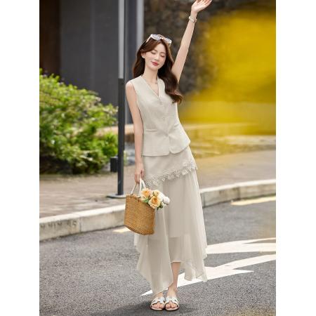 BY15369# 轻熟风V领无袖蕾丝拼接套装女显瘦气质两件套半身裙服裝批發女裝批發服飾貨源