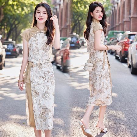 BY15370# 新中式复古印花短袖衬衫套装女夏季新款大方精致套裙两件套潮服裝批發女裝批發服飾貨源