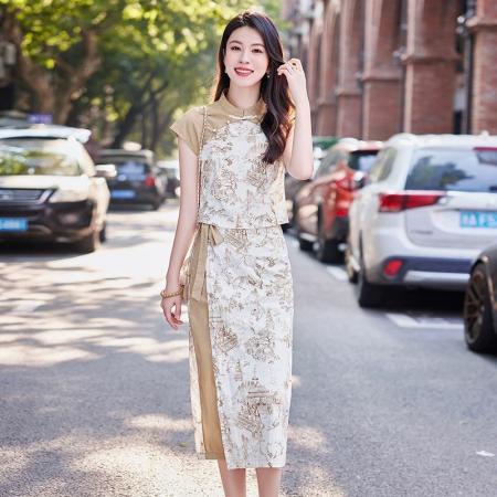 BY15370# 新中式复古印花短袖衬衫套装女夏季新款大方精致套裙两件套潮服裝批發女裝批發服飾貨源