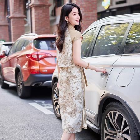 BY15370# 新中式复古印花短袖衬衫套装女夏季新款大方精致套裙两件套潮服裝批發女裝批發服飾貨源