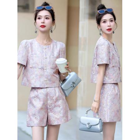 BY15371# 名媛小香风短裤套装女欧洲站夏季新款圆领短袖上衣时尚两件套服裝批發女裝批發服飾貨源