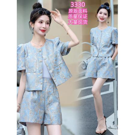 BY15371# 名媛小香风短裤套装女欧洲站夏季新款圆领短袖上衣时尚两件套服裝批發女裝批發服飾貨源