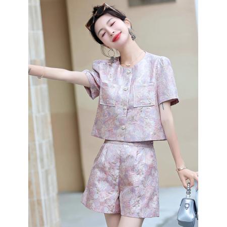 BY15371# 名媛小香风短裤套装女欧洲站夏季新款圆领短袖上衣时尚两件套服裝批發女裝批發服飾貨源