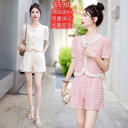 BY15372# 欧洲站夏季新款欧货时尚精品短袖镂空上衣+短裤两件小香套装服裝批發女裝批發服飾貨源