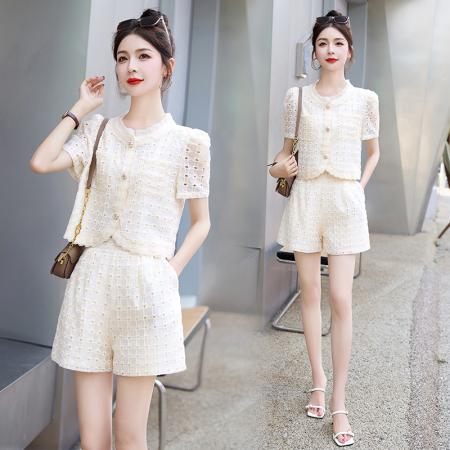 BY15372# 欧洲站夏季新款欧货时尚精品短袖镂空上衣+短裤两件小香套装服裝批發女裝批發服飾貨源