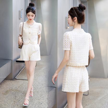BY15372# 欧洲站夏季新款欧货时尚精品短袖镂空上衣+短裤两件小香套装服裝批發女裝批發服飾貨源