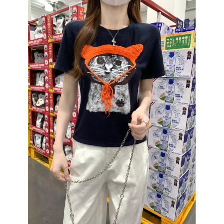 BY15375# 美式条纹短袖t恤夏潮新款短款修身五分袖U领上衣韩版女装服裝批發女裝批發服飾貨源