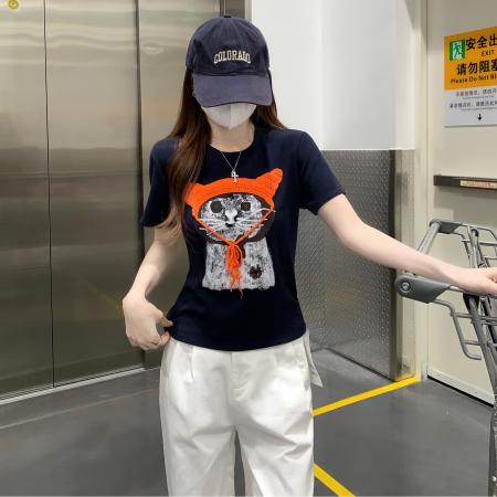 BY15375# 美式条纹短袖t恤夏潮新款短款修身五分袖U领上衣韩版女装服裝批發女裝批發服飾貨源