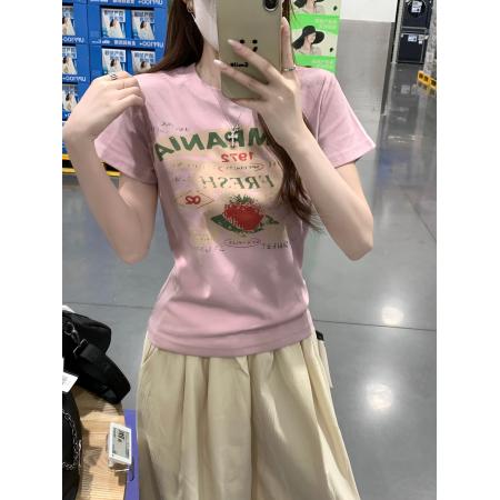 BY15376# 美式条纹短袖t恤夏潮新款短款修身五分袖U领上衣韩版女装服裝批發女裝批發服飾貨源