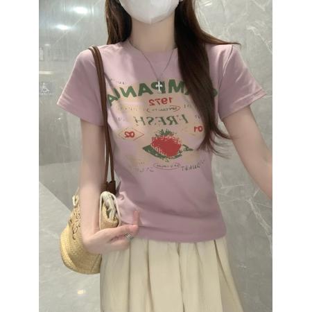 BY15376# 美式条纹短袖t恤夏潮新款短款修身五分袖U领上衣韩版女装服裝批發女裝批發服飾貨源