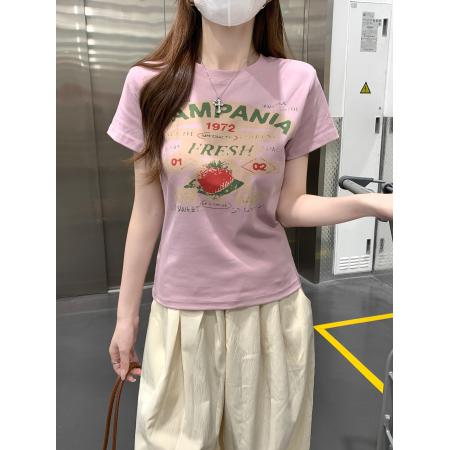 BY15376# 美式条纹短袖t恤夏潮新款短款修身五分袖U领上衣韩版女装服裝批發女裝批發服飾貨源