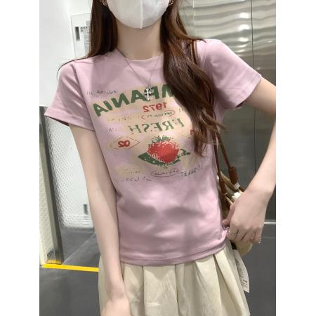 BY15376# 美式条纹短袖t恤夏潮新款短款修身五分袖U领上衣韩版女装服裝批發女裝批發服飾貨源