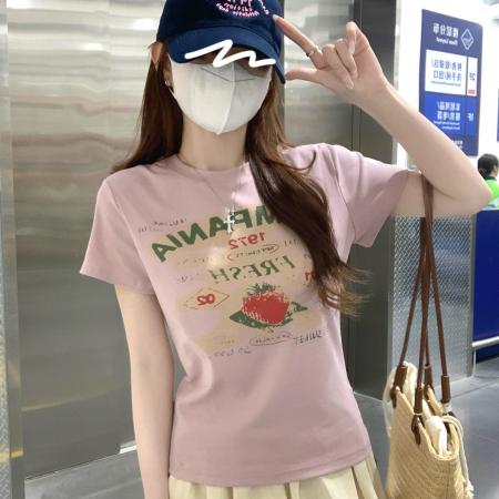 BY15376# 美式条纹短袖t恤夏潮新款短款修身五分袖U领上衣韩版女装服裝批發女裝批發服飾貨源