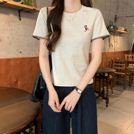 BY15377# 人棉短袖t恤女夏新款潮刺绣花短款修身圆领韩版上衣服裝批發女裝批發服飾貨源