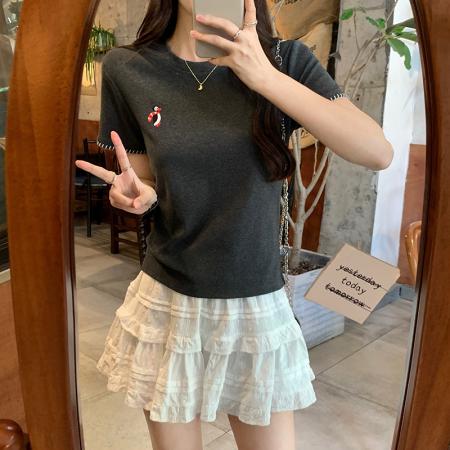 BY15377# 人棉短袖t恤女夏新款潮刺绣花短款修身圆领韩版上衣服裝批發女裝批發服飾貨源