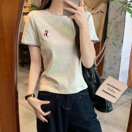 BY15377# 人棉短袖t恤女夏新款潮刺绣花短款修身圆领韩版上衣服裝批發女裝批發服飾貨源