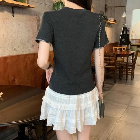 BY15377# 人棉短袖t恤女夏新款潮刺绣花短款修身圆领韩版上衣服裝批發女裝批發服飾貨源