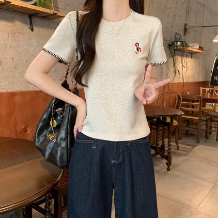 BY15377# 人棉短袖t恤女夏新款潮刺绣花短款修身圆领韩版上衣服裝批發女裝批發服飾貨源