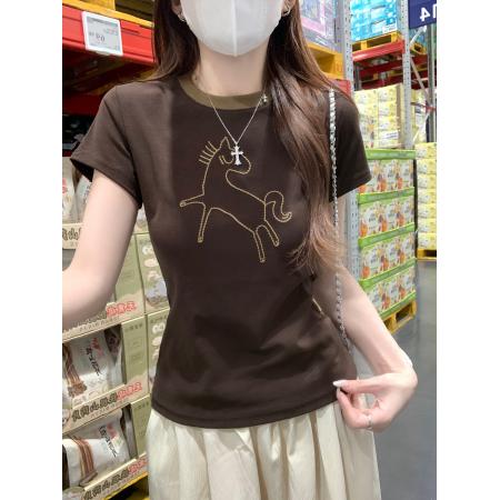 BY15378# 纯棉螺纹短袖t恤女夏新款韩系显瘦刺绣圆领上衣服裝批發女裝批發服飾貨源