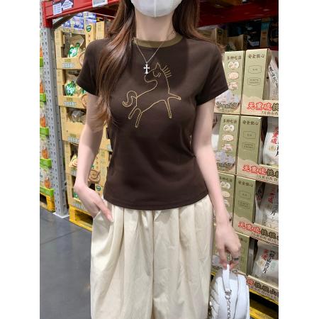 BY15378# 纯棉螺纹短袖t恤女夏新款韩系显瘦刺绣圆领上衣服裝批發女裝批發服飾貨源