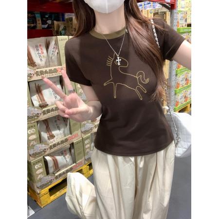 BY15378# 纯棉螺纹短袖t恤女夏新款韩系显瘦刺绣圆领上衣服裝批發女裝批發服飾貨源