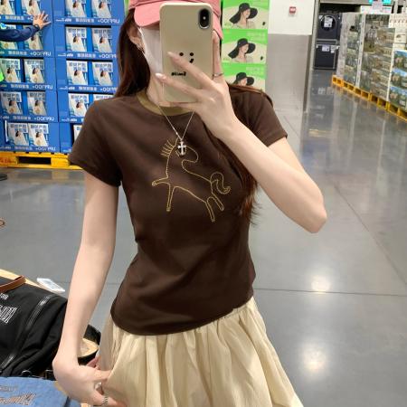 BY15378# 纯棉螺纹短袖t恤女夏新款韩系显瘦刺绣圆领上衣服裝批發女裝批發服飾貨源