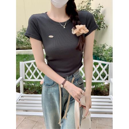 BY15379# 云梯棉短袖t恤夏短款刺绣纯色正肩修身圆领韩版女装上衣服裝批發女裝批發服飾貨源