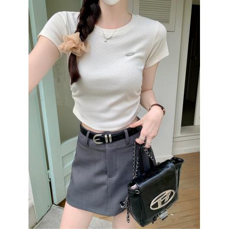 BY15379# 云梯棉短袖t恤夏短款刺绣纯色正肩修身圆领韩版女装上衣服裝批發女裝批發服飾貨源