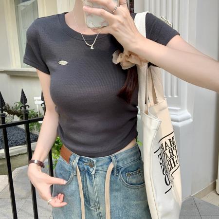 BY15379# 云梯棉短袖t恤夏短款刺绣纯色正肩修身圆领韩版女装上衣服裝批發女裝批發服飾貨源