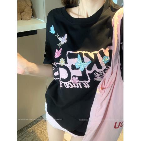 BY15380# 32支双纱纯棉短袖t恤男夏新款中长宽松刺绣圆领上衣女装服裝批發女裝批發服飾貨源