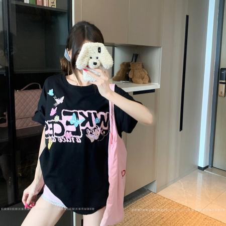 BY15380# 32支双纱纯棉短袖t恤男夏新款中长宽松刺绣圆领上衣女装服裝批發女裝批發服飾貨源