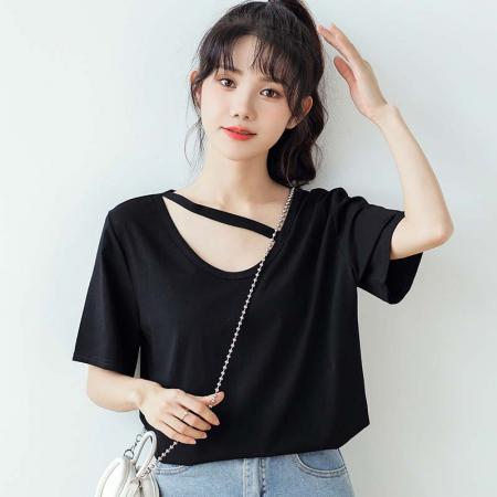 BY15381# 索罗娜精梳棉短袖t恤女夏纯色短款新款V领上衣大码女装服裝批發女裝批發服飾貨源