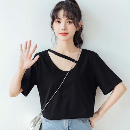 BY15381# 索罗娜精梳棉短袖t恤女夏纯色短款新款V领上衣大码女装服裝批發女裝批發服飾貨源