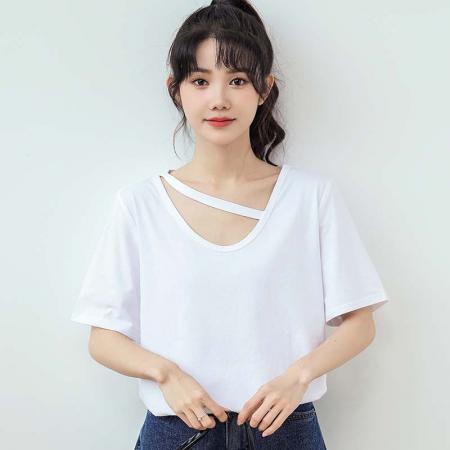 BY15381# 索罗娜精梳棉短袖t恤女夏纯色短款新款V领上衣大码女装服裝批發女裝批發服飾貨源