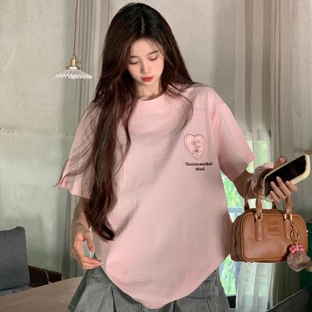 BY15382# 超爽棉夏季韩版圆领落肩印花卷袖短袖T恤上衣女服裝批發女裝批發服飾貨源