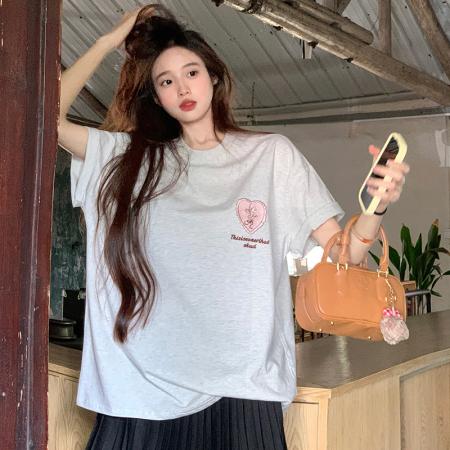 BY15382# 超爽棉夏季韩版圆领落肩印花卷袖短袖T恤上衣女服裝批發女裝批發服飾貨源