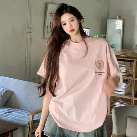 BY15382# 超爽棉夏季韩版圆领落肩印花卷袖短袖T恤上衣女服裝批發女裝批發服飾貨源