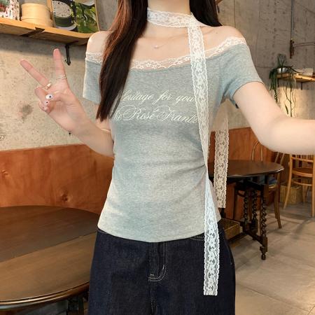 BY15383# 螺纹短袖t恤夏新款短款飘带露肩一字领上衣女装服裝批發女裝批發服飾貨源