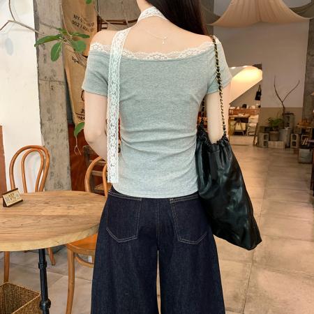 BY15383# 螺纹短袖t恤夏新款短款飘带露肩一字领上衣女装服裝批發女裝批發服飾貨源