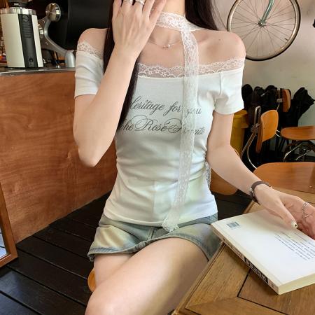 BY15383# 螺纹短袖t恤夏新款短款飘带露肩一字领上衣女装服裝批發女裝批發服飾貨源