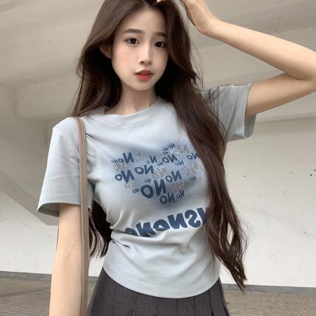 BY15384# 短袖t恤夏潮刺绣正肩修身短款圆领上衣女装服裝批發女裝批發服飾貨源