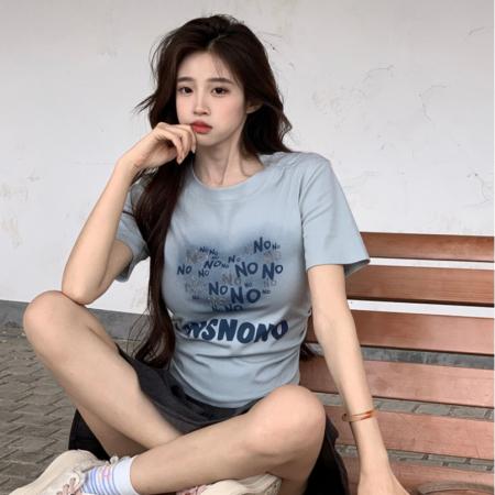 BY15384# 短袖t恤夏潮刺绣正肩修身短款圆领上衣女装服裝批發女裝批發服飾貨源