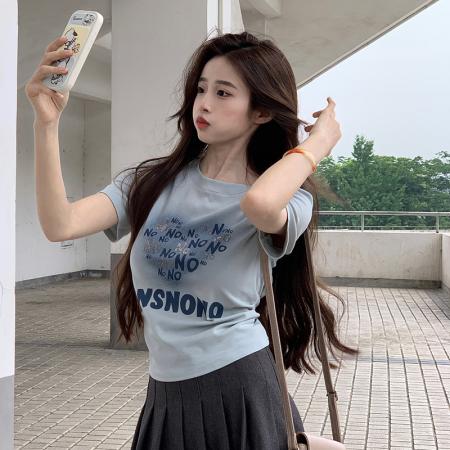 BY15384# 短袖t恤夏潮刺绣正肩修身短款圆领上衣女装服裝批發女裝批發服飾貨源