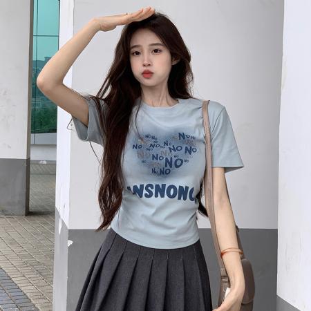 BY15384# 短袖t恤夏潮刺绣正肩修身短款圆领上衣女装服裝批發女裝批發服飾貨源