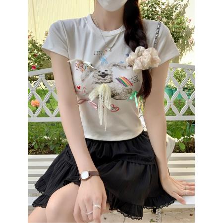 BY15385# 螺纹短袖t恤夏刺绣花正肩修身短款圆领上衣女装服裝批發女裝批發服飾貨源