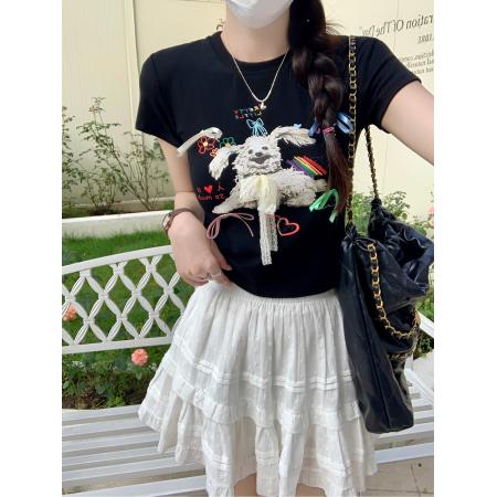 BY15385# 螺纹短袖t恤夏刺绣花正肩修身短款圆领上衣女装服裝批發女裝批發服飾貨源