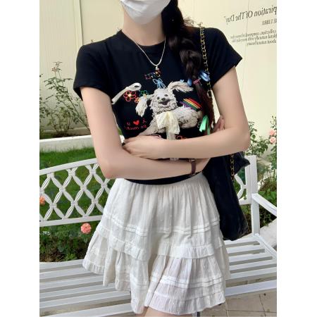 BY15385# 螺纹短袖t恤夏刺绣花正肩修身短款圆领上衣女装服裝批發女裝批發服飾貨源