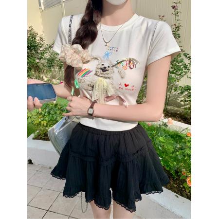 BY15385# 螺纹短袖t恤夏刺绣花正肩修身短款圆领上衣女装服裝批發女裝批發服飾貨源